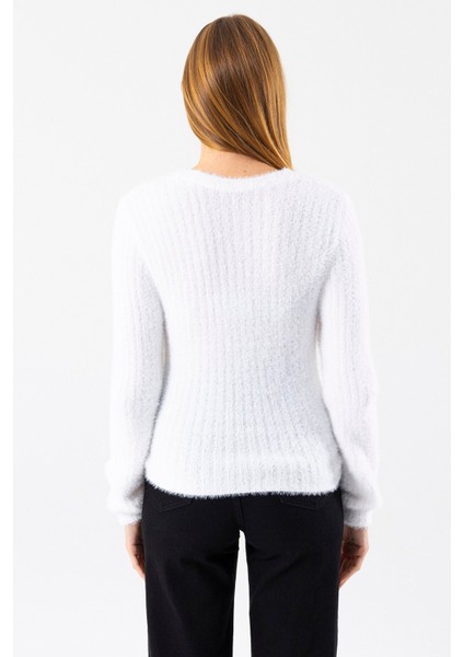 Kadın Bisiklet Yaka Fitilli Detaylı Triko Kazak Beyaz - 25-567