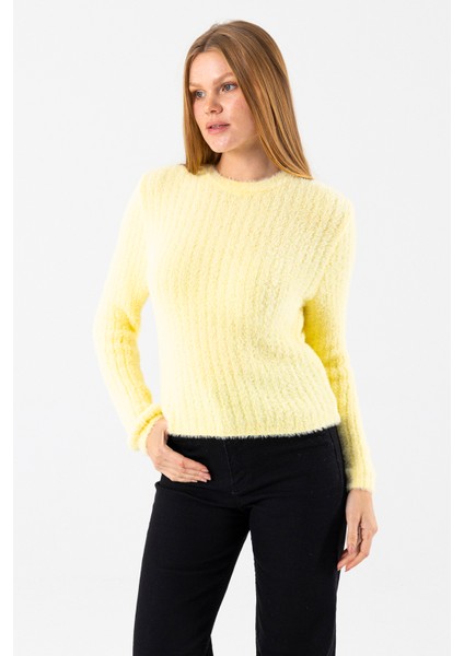 Kadın Bisiklet Yaka Fitilli Detaylı Triko Kazak Sarı - 25-567 fırsatları