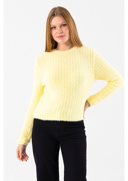 Kadın Bisiklet Yaka Fitilli Detaylı Triko Kazak Sarı - 25-567 indirimleri