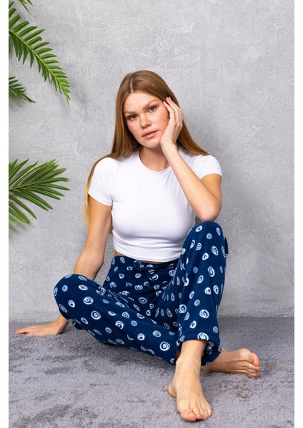 Kadın Beli Lastikli Desenli Polar Pijama Altı Lacivert - 2068