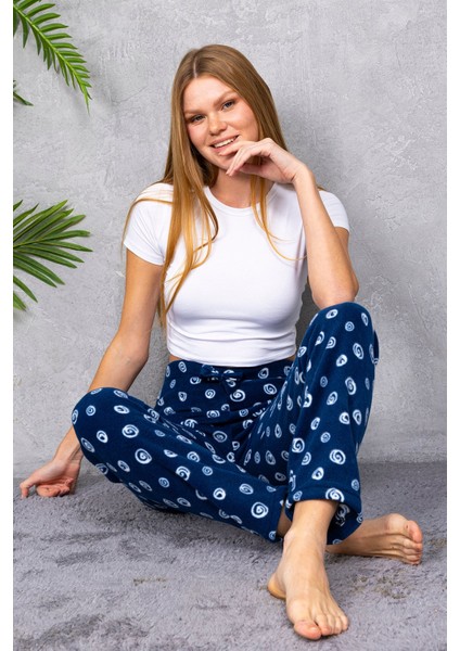 Kadın Beli Lastikli Desenli Polar Pijama Altı Lacivert - 2068