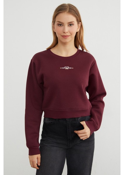 3 Iplik Ayıcık Nakışlı Crop Sweatshirt