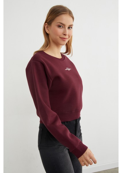 3 Iplik Ayıcık Nakışlı Crop Sweatshirt modelleri