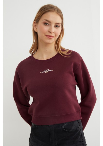 3 Iplik Ayıcık Nakışlı Crop Sweatshirt fırsatları