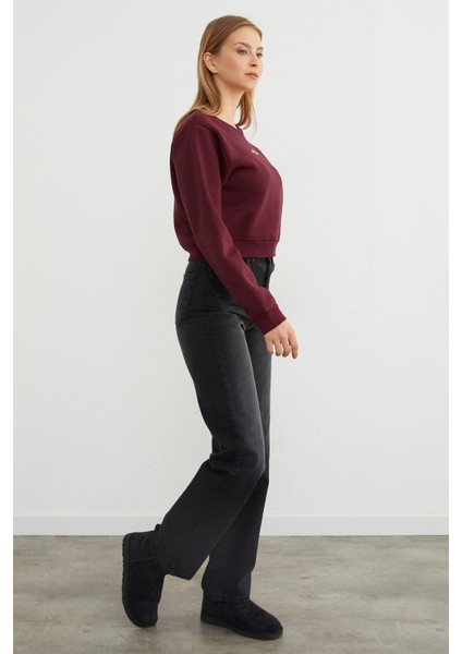 3 Iplik Ayıcık Nakışlı Crop Sweatshirt