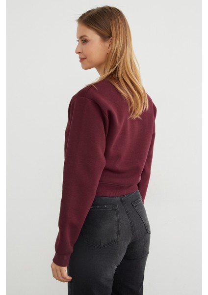 3 Iplik Ayıcık Nakışlı Crop Sweatshirt