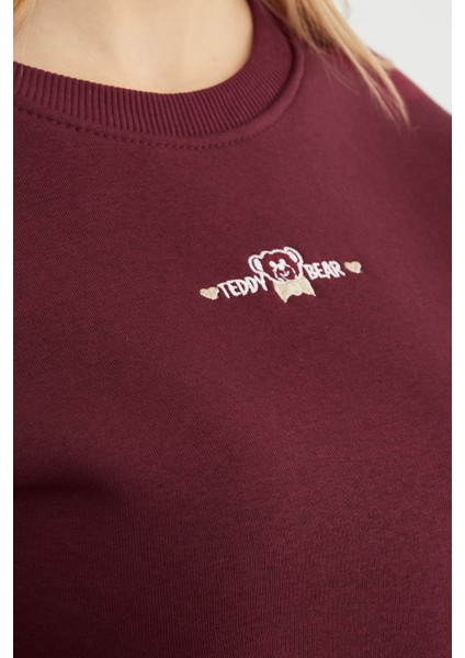 3 Iplik Ayıcık Nakışlı Crop Sweatshirt