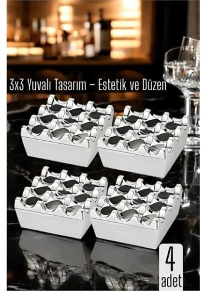 4 Lü Metal Döküm Küllük – 3x3 Yuvalı, Krom , Modern ve Ağırlıklı Tasarım