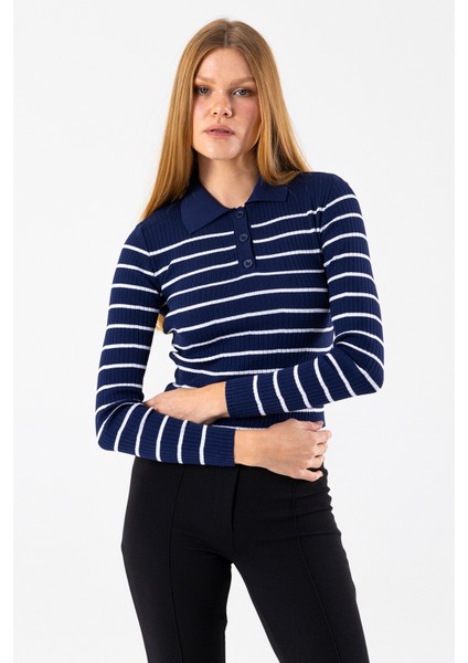 Kadın Polo Yaka Düğme Detaylı Çizgili Triko Body Lacivert - 2058