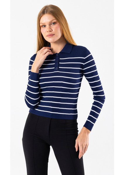 Kadın Polo Yaka Düğme Detaylı Çizgili Triko Body Lacivert - 2058 fiyatları