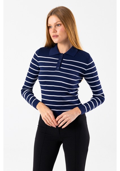 Kadın Polo Yaka Düğme Detaylı Çizgili Triko Body Lacivert - 2058 modelleri