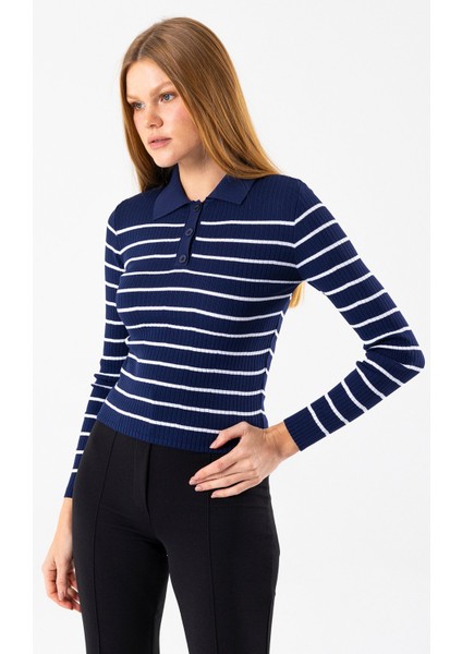 Kadın Polo Yaka Düğme Detaylı Çizgili Triko Body Lacivert - 2058 fırsatları