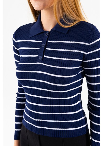 Kadın Polo Yaka Düğme Detaylı Çizgili Triko Body Lacivert - 2058 indirimleri
