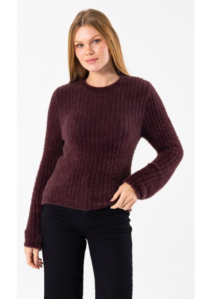 Kadın Bisiklet Yaka Fitilli Detaylı Triko Kazak Kahverengi - 25-567