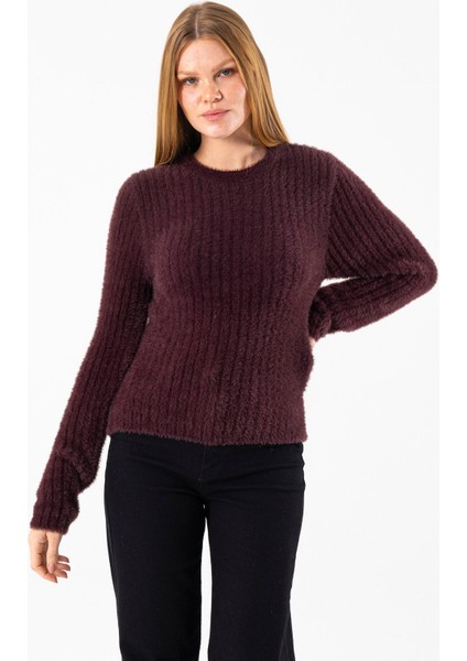 Kadın Bisiklet Yaka Fitilli Detaylı Triko Kazak Kahverengi - 25-567 modelleri