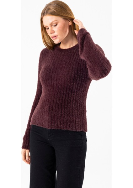 Kadın Bisiklet Yaka Fitilli Detaylı Triko Kazak Kahverengi - 25-567 fırsatları