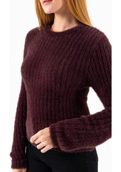 Kadın Bisiklet Yaka Fitilli Detaylı Triko Kazak Kahverengi - 25-567