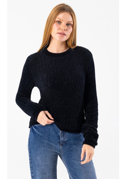 Kadın Bisiklet Yaka Fitilli Detaylı Triko Kazak Siyah - 25-567