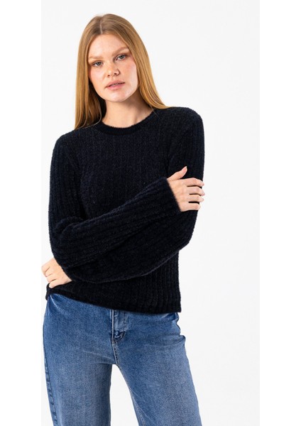 Kadın Bisiklet Yaka Fitilli Detaylı Triko Kazak Siyah - 25-567 indirimleri