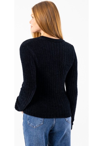 Kadın Bisiklet Yaka Fitilli Detaylı Triko Kazak Siyah - 25-567