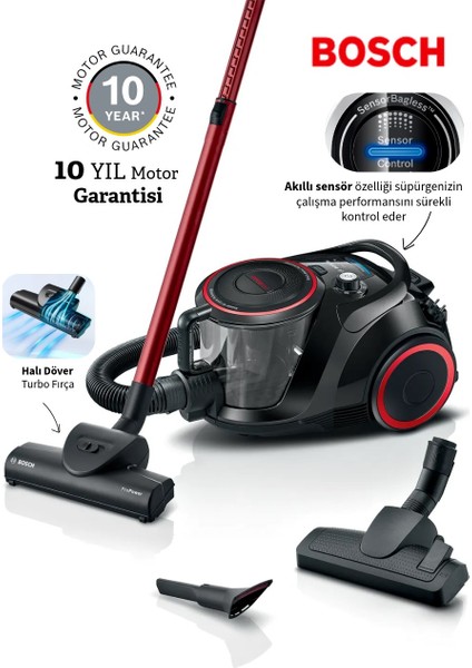 Turbo Halı Döver Serie 6 Toz Torbasız Süpürge Propower Akıllı Sensör ile Filitre Temizliği Bosch Motor Teknolojisi ile Yüksek Performans