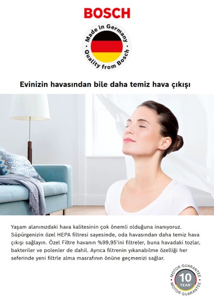 Turbo Halı Döver Serie 6 Toz Torbasız Süpürge Propower Akıllı Sensör ile Filitre Temizliği Bosch Motor Teknolojisi ile Yüksek Performans