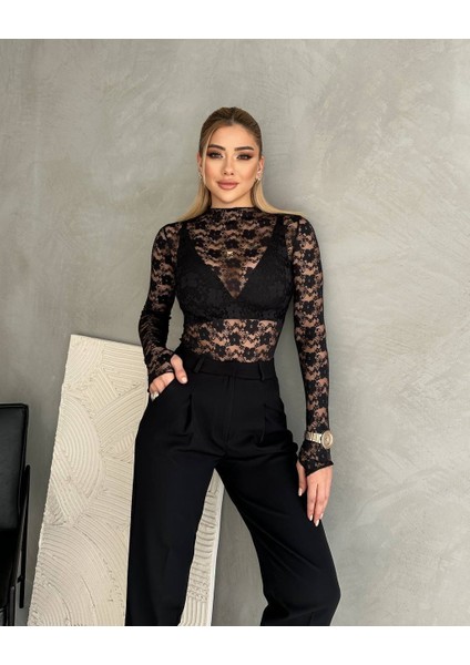 Kadın Uzun Kollu Transparan Çıtçıtlı Bodysuit Bluz