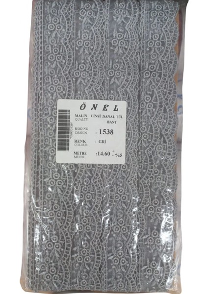 Dantel Polyester Sanal Tül Bant Gri 14,60 Metre En 3 cm ON-1538-G
