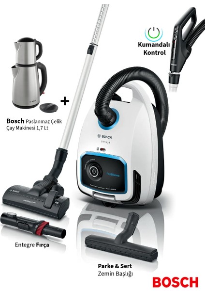 Kumandalı Kontrol Turbo Serie 6 Propower Toz Torbalı Süpürge + Bosch Çelik Çay Makinesi Almanya’da Üretilen Bosch Motor Teknolojisi ile Sürekli Yüksek Performans