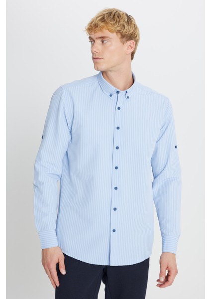 Tailored Slim Fit Dar Kesim Düğmeli Yaka Gofre Desenli Gömlek