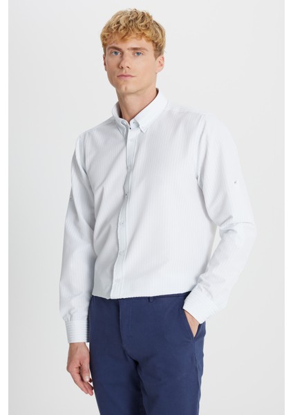 Tailored Slim Fit Dar Kesim Düğmeli Yaka Gofre Desenli Gömlek