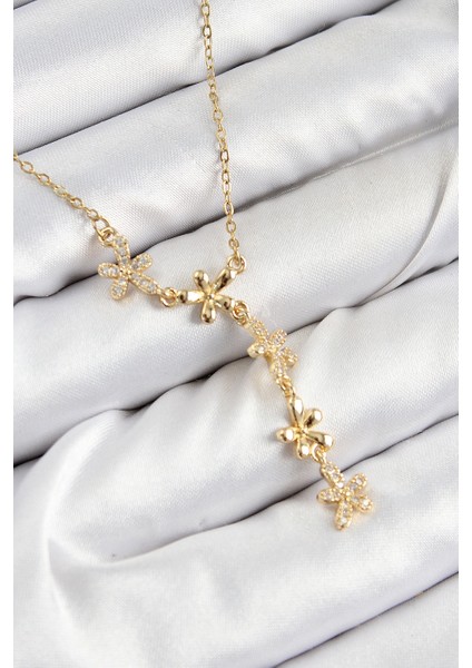 316L Çelik Zirkon Taşlı Çiçek Model Gold Renk Kadın Kolye - TJ-BKO10407