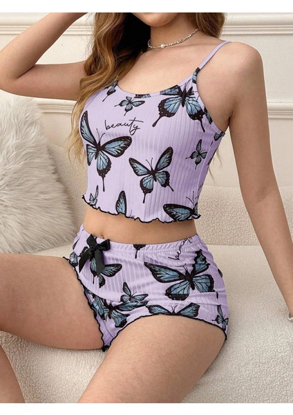Mor Renk Kelebek Desenli Şortlu Ev Giyim Takımı,kadın Yazlık Askılı Pijama, Rahat ve Şık Ev Giyim fırsatları