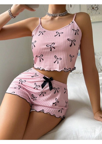 Pembe Fiyonklu Askılı Şortlu Kadın Pijama Takımı, Yumuşak Kumaş, Şık Detaylar,yazlık Kadın Pijama fiyatları