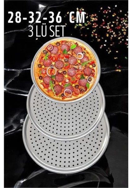 Delikli Pizza Lahmacun Tepsisi Çelik 28-32-36 CM 3 lü SET