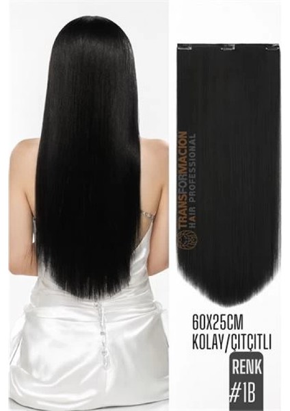 Doğal Görünümlü Düz Siyah Sentetik Kaynak Saç – RENK KOD:#1B Kolay Tak Çıkar, Işıltılı Etki!