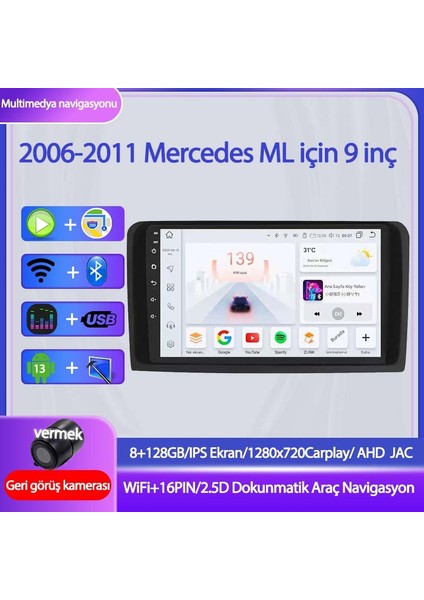 2006-2011 Mercedes ml Özel 9inç 8gb Ram 128GB Depolama, Wi-Fi & Carplay Destekli Multimedya Navigasyon Sistemi