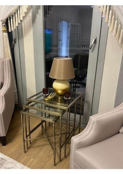 Torna Detaylı 3lü Pirinç Kare Zigon Sehpa