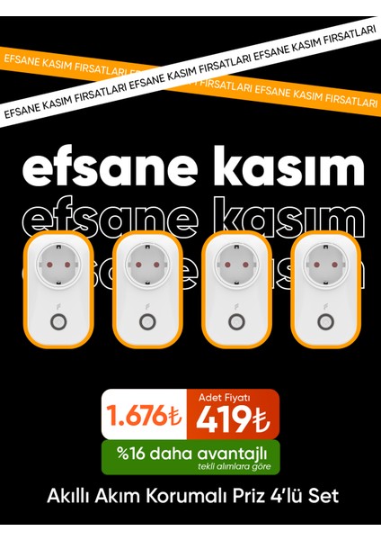 Akıllı Akım Korumalı Priz 4'lü Set (16 Amper), Wifi, Uzaktan Kontrol, Enerji Tüketim Takibi