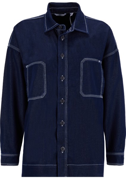 Relaxed Gömlek Yaka Yıkamalı Lacivert Kadın Denim Gömlek M5WL-GML1407