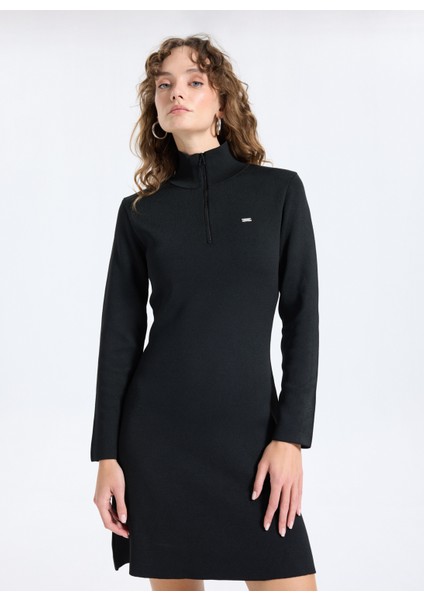 Dik Yaka Düz Örgü Desenli Siyah Diz Üstü Kadın Elbise J5WL-ELB7078 fırsatları