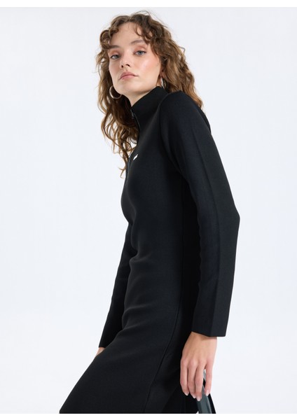 Dik Yaka Düz Örgü Desenli Siyah Diz Üstü Kadın Elbise J5WL-ELB7078 indirimleri