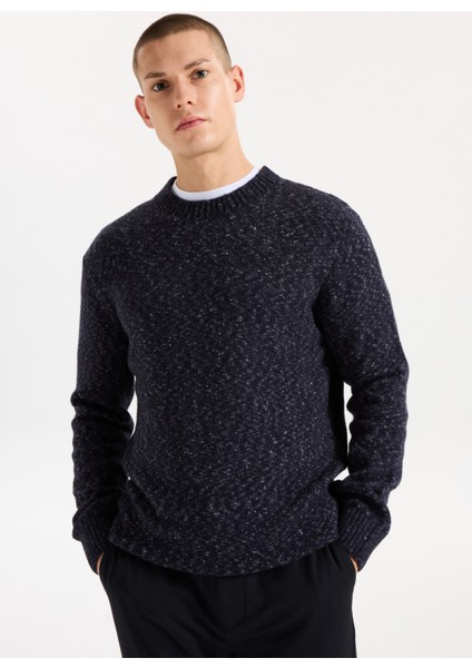 Bisiklet Yaka Relaxed Düz Örgü Desenli Lacivert Erkek Kazak J5WM-KZK7867