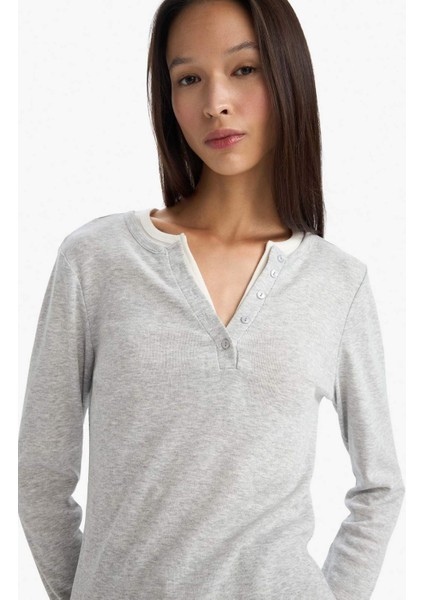 Slim Fit Dar Kesim Düğmeli Yaka Ribana Uzun Kollu Tişört G3490AX25WN