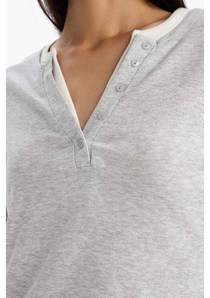 Slim Fit Dar Kesim Düğmeli Yaka Ribana Uzun Kollu Tişört G3490AX25WN fırsatları