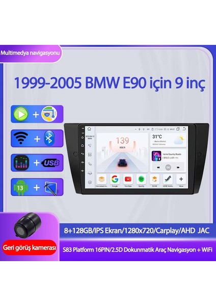 2006-2012 Bmw 3 Serisi E90 Özel 9" 8gb Ram + 128GB Depolama, Android Auto & Apple Carplay Destekli Multimedya - Geri Görüş Kamerası Dahil