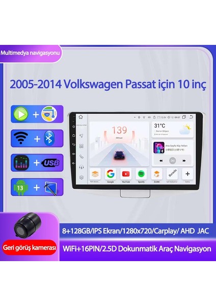 2005-2014 Volkswagen Passat Için 8+128GB, Gps, 10 Inç Carplay Destekli, Kameralı Multimedya Navigasyon Ekranı
