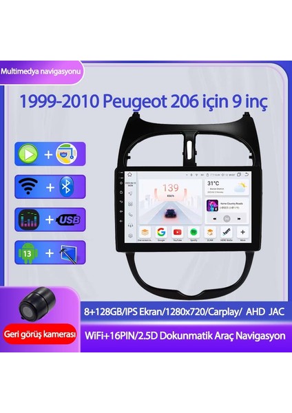 1999-2010 Peugeot 206 Için 8+128GB, 9 Inç Carplay Destekli, Kameralı Multimedya Navigasyon Ekran Sistemi