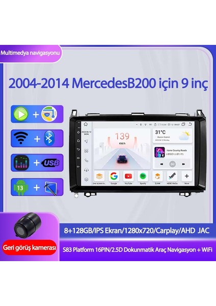 Mercedes B200 Özel 9" Wifi Android , 8gb Ram 128GB Depolama, Carplay Destekli Multimedya Navigasyon Sistem