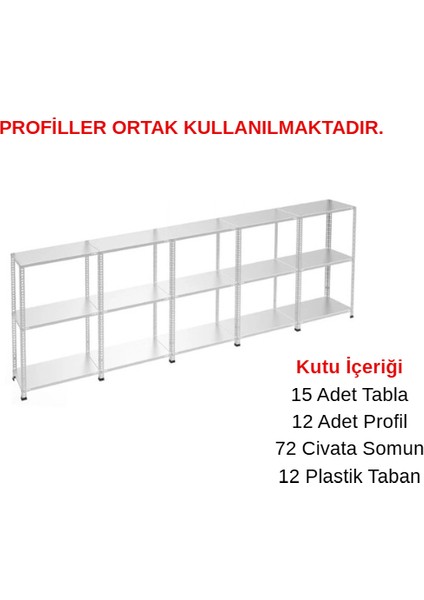 3 Katlı 5'li Galvaniz Çelik Raf - Depo, Arşiv, Kiler, Dosya, Market Rafı - 43x75 cm-200 cm-0.70 mm fırsatları